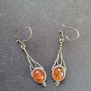 Vintage Baltic Amber Oval Drop Earrings in Silver-Tone Setting